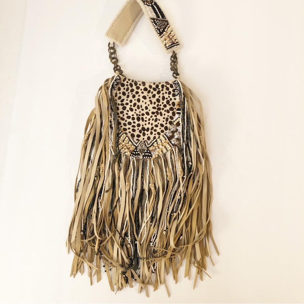 Mary Frances Vintage Small Purse Wristlet Animal Print Fringe Beaded Tan